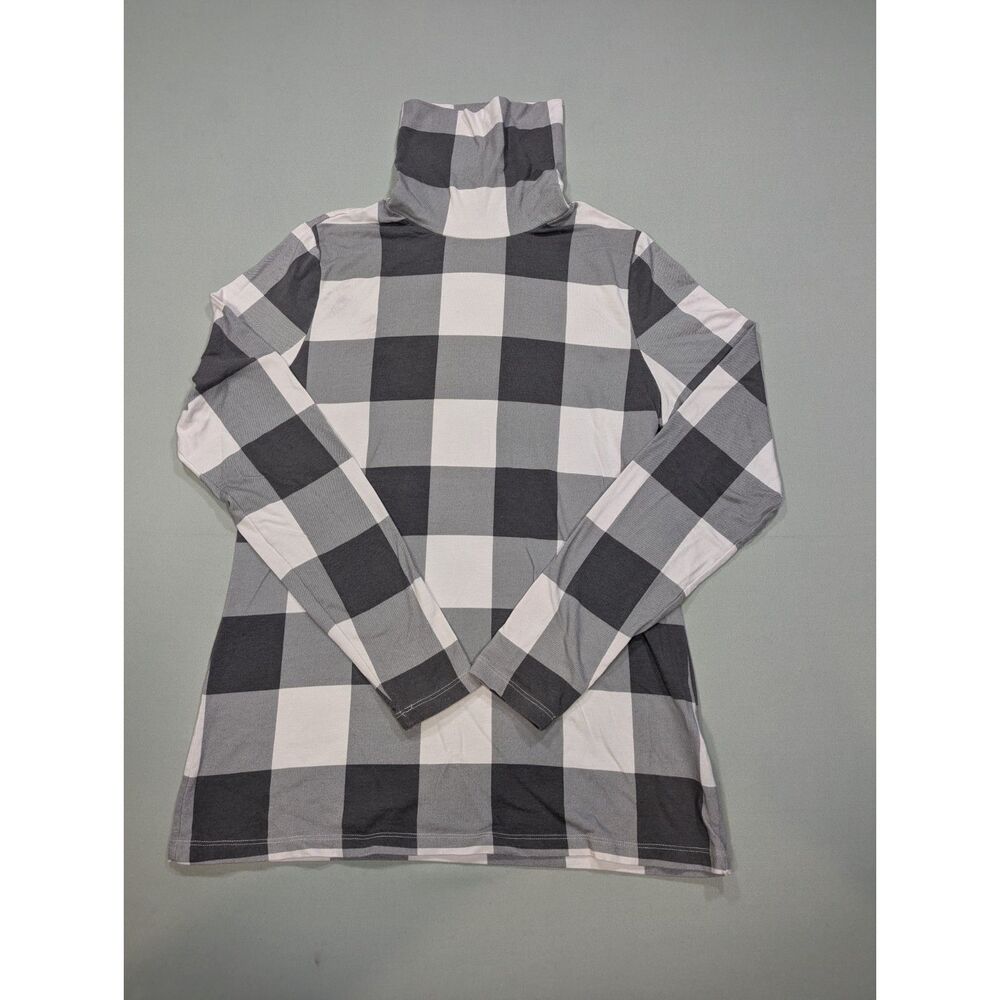 Lands End Womens M Turtleneck Top Buffalo Plaid Black Gray Stretch Check
